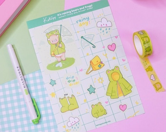 It's Raining Bears and Frogs Sticker Sheet | Kawaii Froggo Bear A5 Vinyl Stickers | Whimsical Planner Journal Stickers | Rainy Day Theme