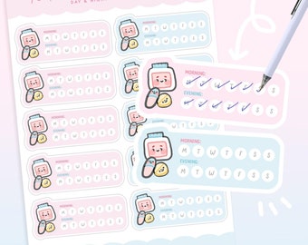 May include: A set of six pink and blue printable stickers with a cute cartoon jar design. Each sticker has a section for marking morning and evening medication intake for each day of the week. The stickers say "Morning" and "Evening" with the days of the week abbreviated as M, T, W, T, F, S, S.