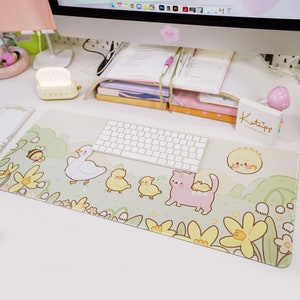Kawaii skrivbordsmatta | Pastellfärgad spelmusmatta | Spring Duck Cottagecore skrivbord
