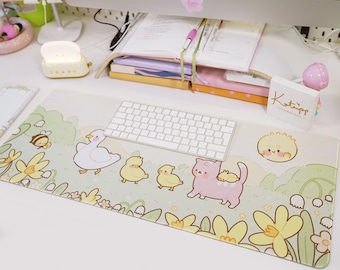 Kawaii-Schreibtischunterlage | Pastellfarbenes Gaming-Mauspad | Cottagecore-Schreibtischunterlage mit Frühlingsente