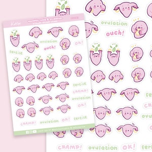 May include: Two sticker sheets featuring pink uterus-shaped characters with various expressions and text. The stickers include words like "fertile," "ovulation," "ouch," "OK," and "cramp." The stickers are designed for planner use.