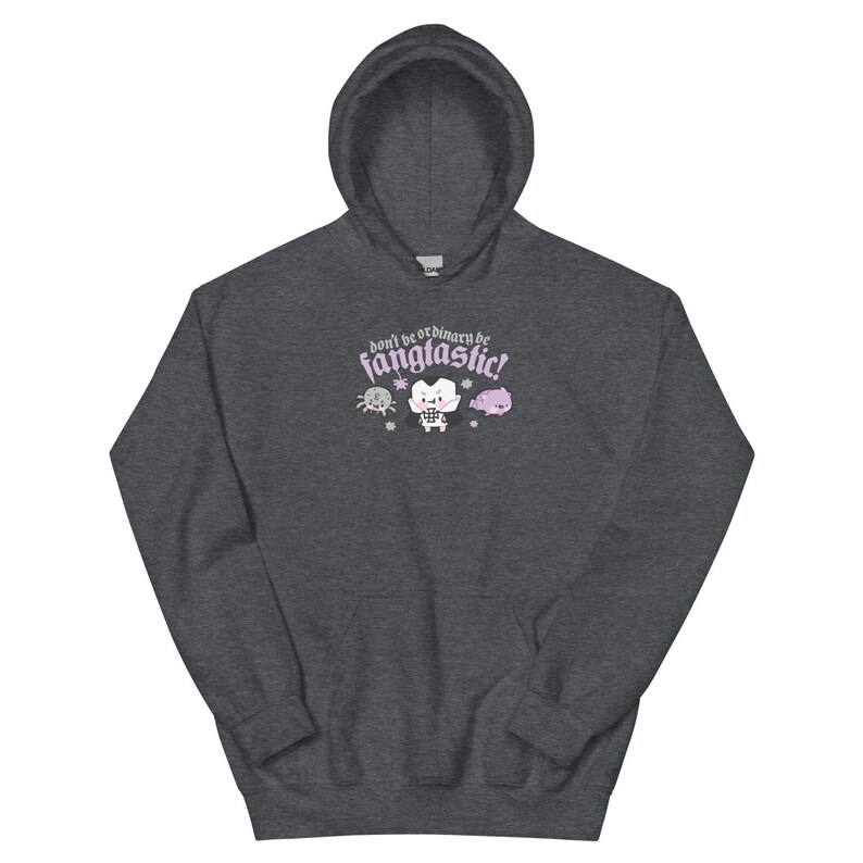 Kawaii Gothic Halloween Hoodie: "Be Fangtastic" Gildan Sweatshirt Dark Heather