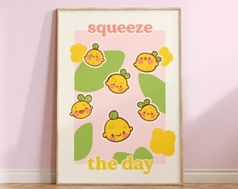 Colourful Positive Quote Art Print ~ Squeeze the Day Lemon Print ~ Pastel Danish Aesthetic Art Print ~ Colourful Pink Art Print ~ Aesthetic