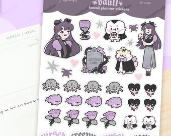 Cartela de adesivos góticos de Halloween | Adesivos para planner de vampiro, morcego e aranha