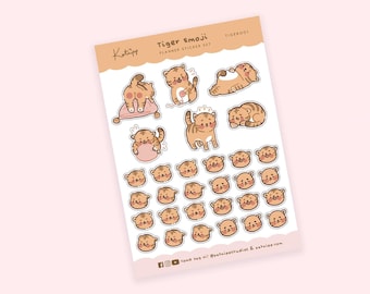 Puede incluir: Una hoja de pegatinas para planificadores con un tigre de dibujos animados en varias poses. Las pegatinas son blancas con un contorno marrón y presentan un tigre marrón con rayas naranjas. El texto "Tiger Emoji" y "TIGEROOT" está impreso en la hoja. El texto "come say hi! @natnippstudios & catnipp.com" está impreso en la parte inferior de la hoja.