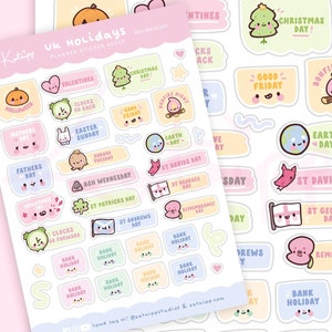 UK Holiday Calender Planner Sticker Sheet ~ Kawaii Pastel Holidays Bujo Pastel Planner Stickers ~ Kawaii Organisation Planner Stickers