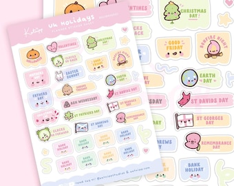 UK Holiday Calendar Planner Sticker Sheet | Kawaii Pastel Holidays Bujo Pastel Planner Stickers | Kawaii Organisation Planner Stickers