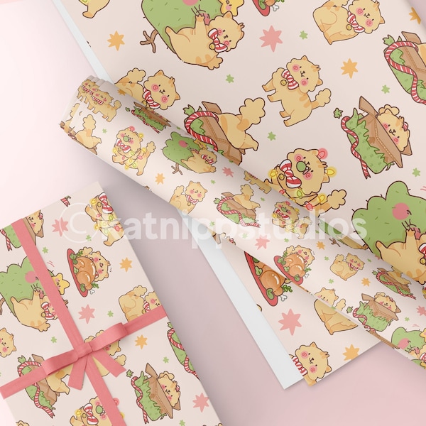 Cute Cat Luxe Kerstcadeaupapier ~ Peppamint de Kat Leuke Cadeauverpakking ~ Luxe Zijden Kerstcadeauverpakking ~ Leuk Kerstcadeaupapier