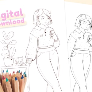Beary Cute Kawaii Colouring Page Digital Download | Printable Fashion Girl Colouring Page,  Print at Home | Katnipp Colouring Book Page