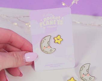 Kawaii Pocket Planets Enamel Pin Set - Luna and Sprinkle - Cute Pin Badge Gifts