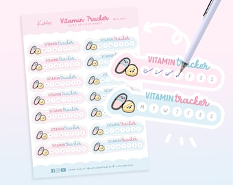 Könnte beinhalten: Eine Blatt mit Aufklebern in rosa und blauen Farben. Die Aufkleber zeigen ein Cartoon-Pille- und Vitamin-Design. Die Aufkleber sind mit "Vitamin Tracker" beschriftet und haben einen Platz für jeden Tag der Woche. Die Aufkleber sollen Menschen helfen, ihre Vitaminzufuhr zu verfolgen.