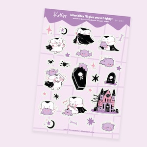 Kawaii-Vampir-Sticker | Marshie & Bartholomew A5 wasserfeste Vinyl-Sticker | Chubby Marshmallow Planer-Sticker | Herbstliche Halloween-Deko | SP 001