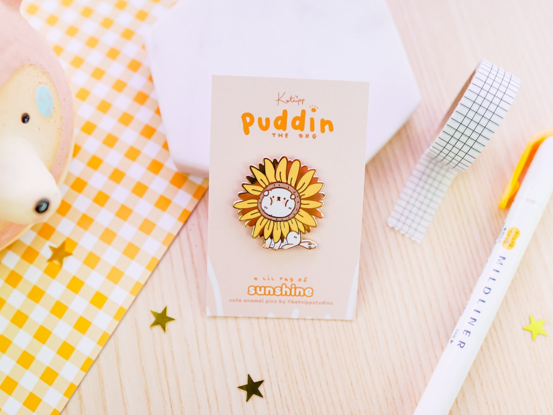 Puddin The Dog Sunflower Enamel Pin Kawaii Accessories Pin Etsy