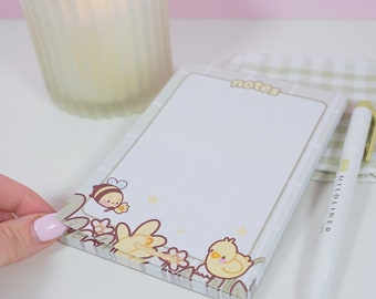 Kawaii Cottage Core A6 Spring Notepad - Spring Ducks & Daffodils featuring Satsuma the Cat