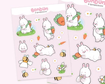 Bonbun & Bumblebutt Bunny Spring Waterproof A5 Vinyl Sticker Sheet - Kawaii Planner Stickers - Cute Rabbit Stickers - Cute Easter Stationary