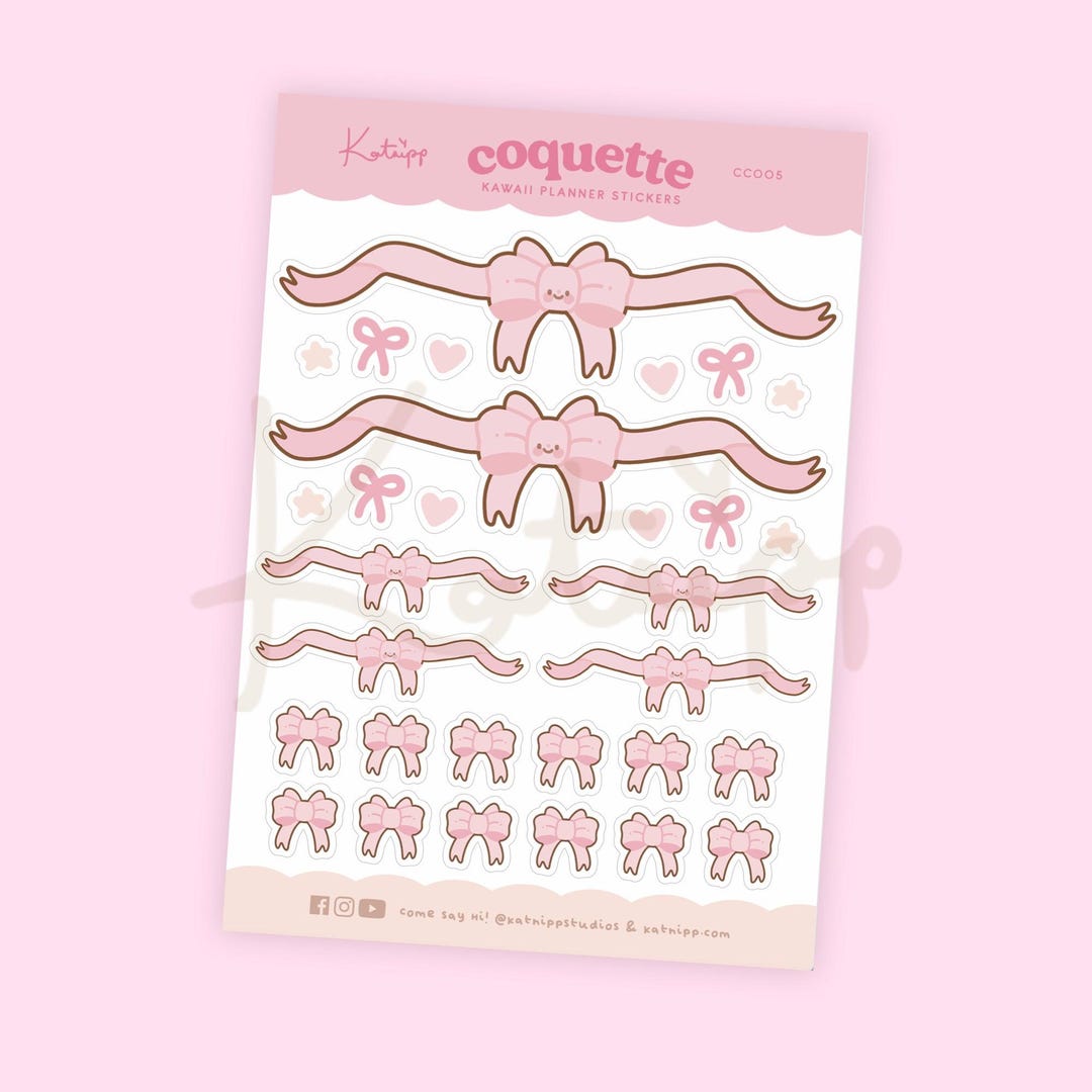 Pink Coquette Bow Sticker Sheet | Kawaii Pink Bow Stickers | Pastel ...