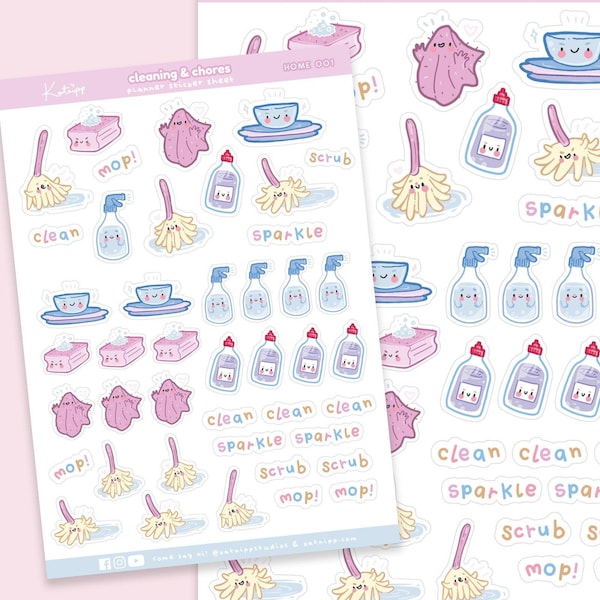 Cleaning House Multi Chores Planner Sticker Sheet ~ Cleaning the House ~ Chores Stickers ~ Cleaning Stickers ~ Mop Stickers ~ Clean Dishes