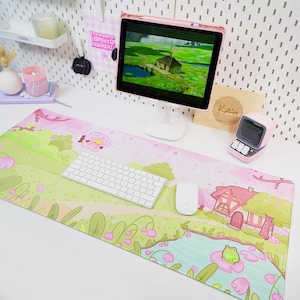 Kawaii Desk Mat | Sakura Cherry Blossom Gaming Mouse Pad | Pastel Desk Decor