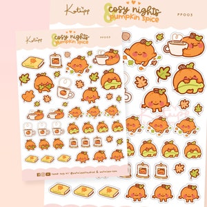 Cosy Night Autumn Stickers ~ Kawaii Fall Planner Stickers ~ Cute Pumpkin Stickers ~ Pumpkin Spice Sticker Sheet