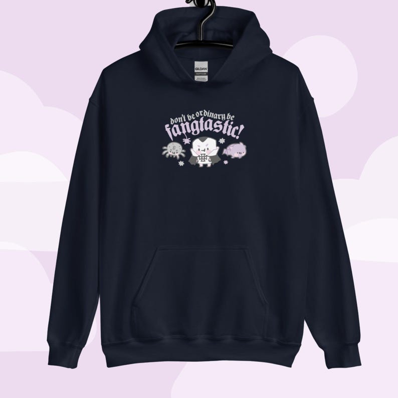 Kawaii Gothic Halloween Hoodie: "Be Fangtastic" Gildan Sweatshirt Navy