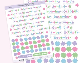 May include: A sheet of colorful monthly planner stickers with the months of the year written in a playful font. The stickers are in shades of pink, blue, green, and purple. There are also small circles and stars in various colors.
