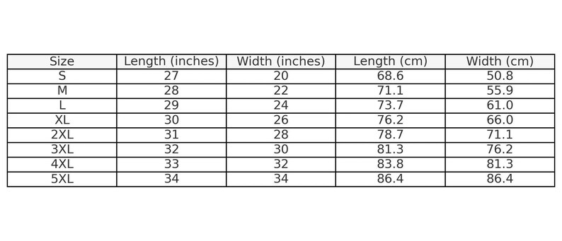 May include: Size chart showing measurements in inches and centimeters for a garment. Sizes range from S to 5XL. Measurements include length and width.