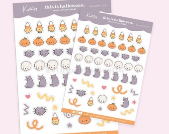 May include: Two sheets of Halloween themed stickers. The stickers feature various Halloween characters and objects, including pumpkins, candy corn, cats, spiders, and skulls. The stickers are printed on white paper with a light purple background.