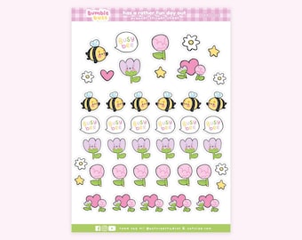Kawaii Peony & Tulip Planner Stickers | Busy Bee Bumblebutt Stationery | Cute Floral Sticker Sheets | BB 002
