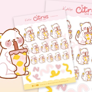 Bubble Tea Kawaii Cat Planner Stickers ~ Citrus the Cat Stickers ~ Cute Cat Planner Stickers ~ Kawaii Bubble Tea Stickers ~ Bujo Polco Deco