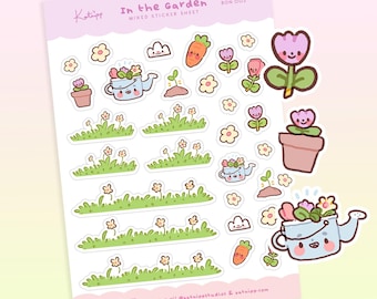 Naklejki Kawaii Bonbun Flower | Wiosenne postacie piwonii i konewki | Urocze naklejki do planowania ogrodu | Bon 003