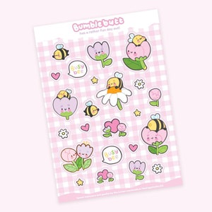 Bumblebutt the Bumble bee Floral Waterproof A5 Vinyl Sticker Sheet - Kawaii Planner Stickers - Cute Bumble Bee Stickers - Cute Stationary