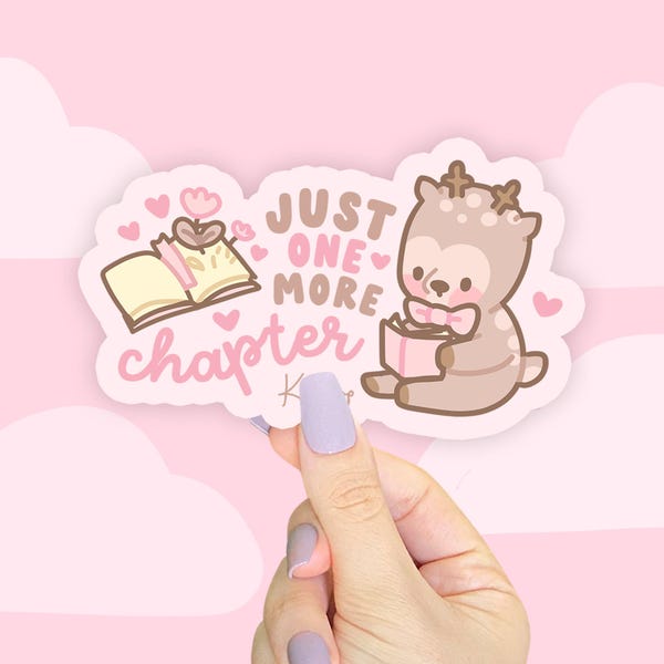 Naklejka Kawaii Bookish – Jeszcze tylko jeden rozdział | Urocza naklejka winylowa dla miłośników książek i przytulnych kącików do czytania