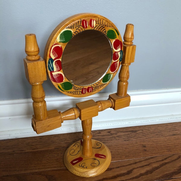 Vintage 1970s Wooden Handpainted Makeup Vanity Mirror