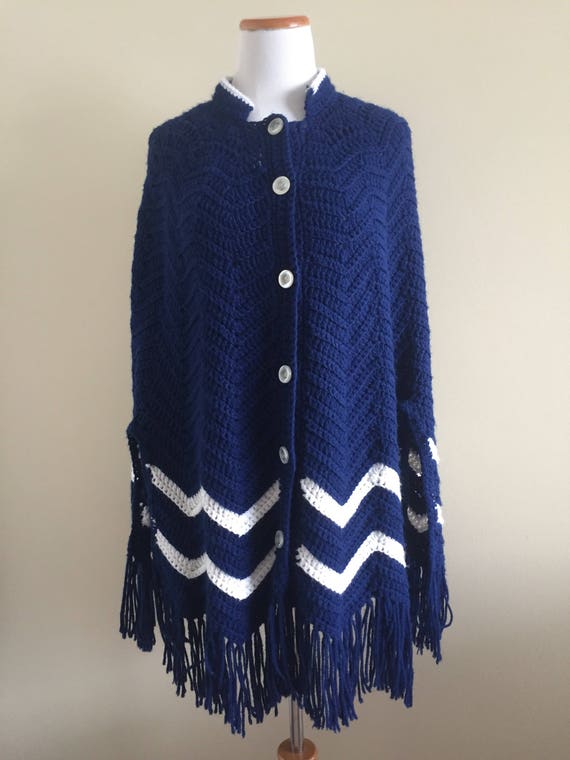 1970s Red Wool Shawl Knit Cape Pom Pom Poncho Wrap