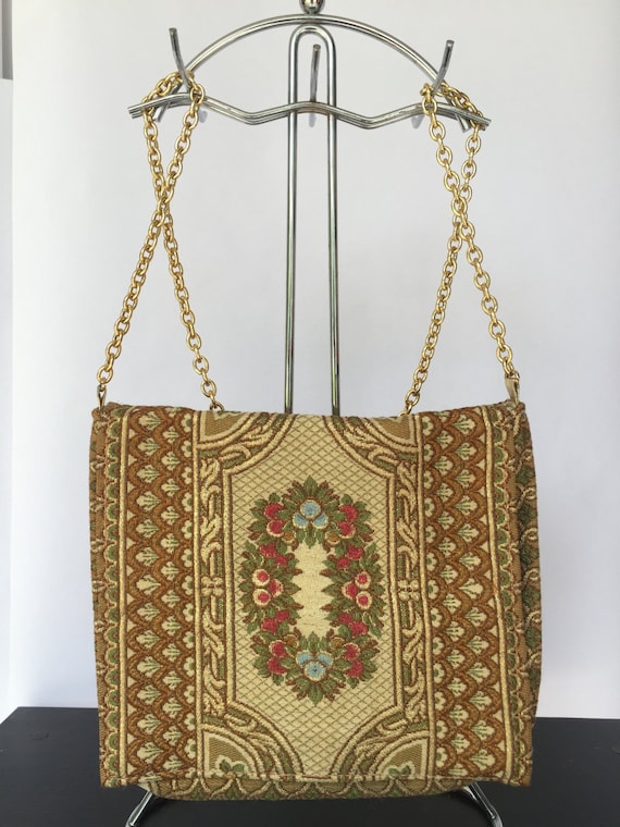 Vintage 1950s Tapestry Evening Bag with Chain