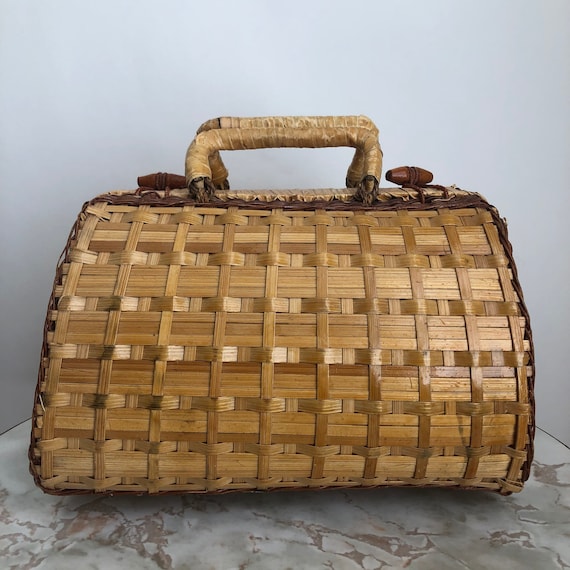 Vintage 1970s Wicker Basket Top-Handle Bag/Purse … - image 1