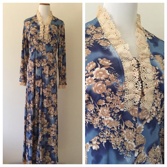Vintage 1970s Blue and Tan Floral Long-Sleeved Max