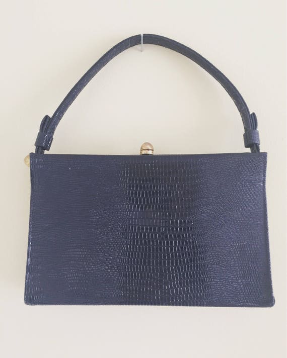 Vintage 1950s Navy Blue Lizard-Print Top Handle Ba