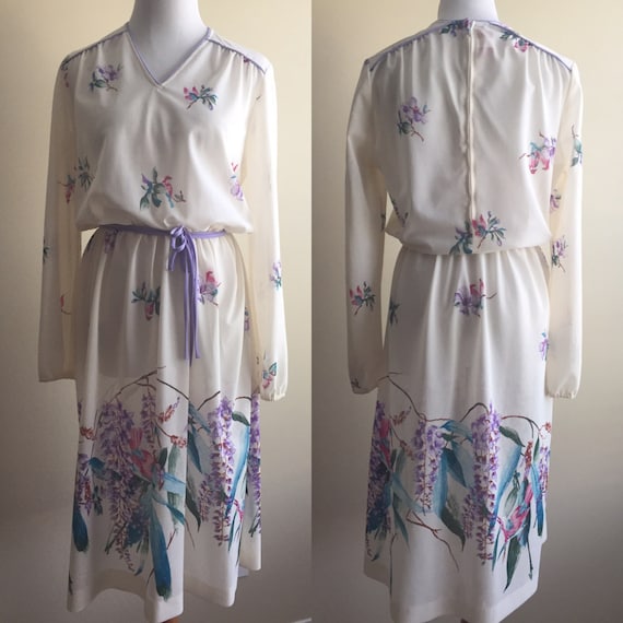 Vintage 1970s Sheer White Long-Sleeved Floral Dres