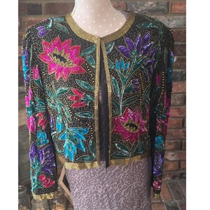 80s Disco Embellished Sequin Crop-Jacket By Night Vogue, Multi Color with  Purple Turquoise Green Gold Size Large.