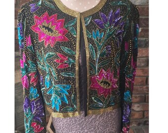 80s Disco Embellished Sequin Crop-Jacket By Night Vogue, Multi Color with  Purple Turquoise Green Gold Size Large.