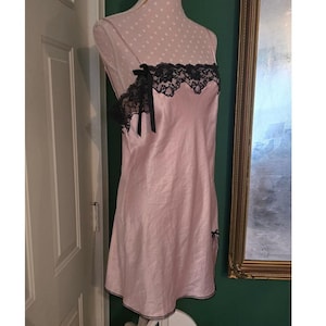 Girlie Chic Vintage Victoria's Secret Angels Pink Slip Dress Black Lace & Bows image 1