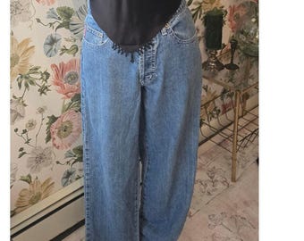 Jeans vintage únicos de pierna ancha con estampado de lei, de los años 90, talla 7.