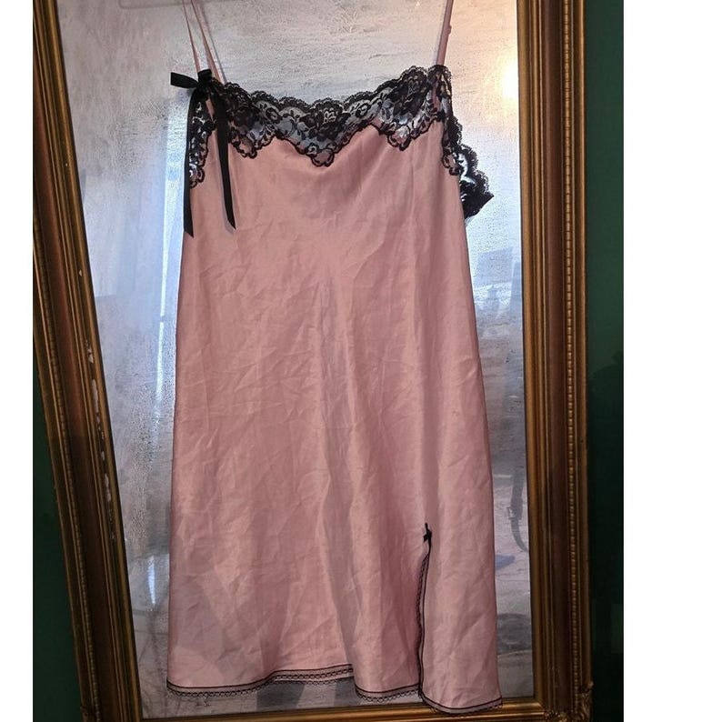 Girlie Chic Vintage Victoria's Secret Angels Pink Slip Dress Black Lace & Bows image 5