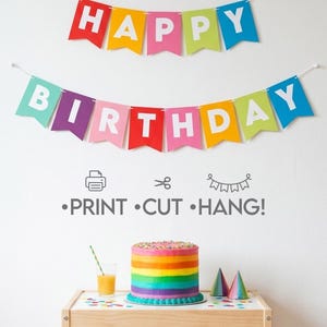 May include: A colorful Happy Birthday bunting banner with swallowtail flags in red, yellow, pink, green, and blue. Below, the text PRINT CUT HANG appears with icons. A rainbow-striped cake, two party hats, and a glass of juice sit on a table.
