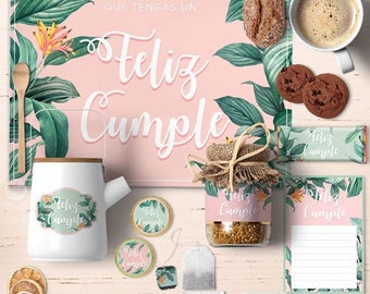 Pink Tropical Birthday Breakfast Printable Kit. Green leaves. Breakfast in bed