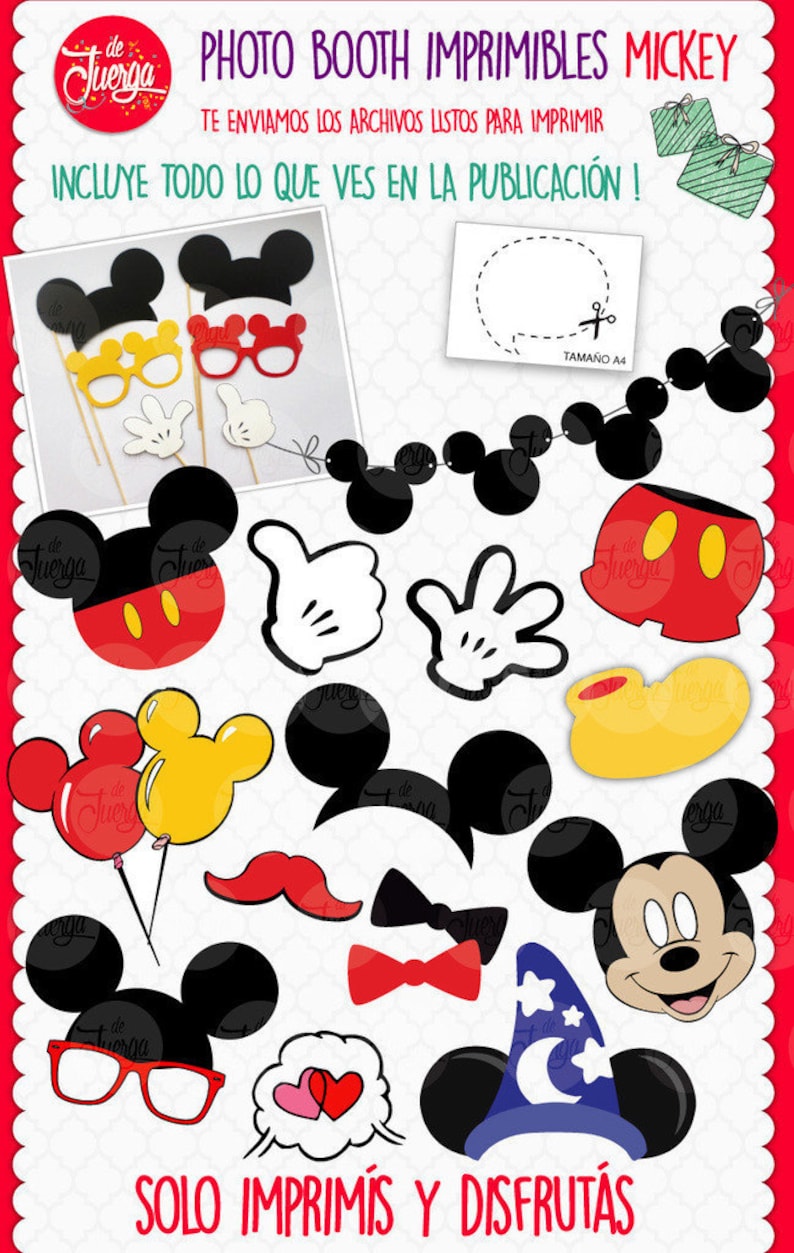 K&ouml;nnte beinhalten: Druckbare Fotobooth-Requisiten mit Mickey Mouse-Motiv. Das Set enth&auml;lt Mickey Mouse-Ohren, ein Mickey Mouse-Gesicht, einen Mickey Mouse-Hut, einen Mickey Mouse-Handschuh, eine Mickey Mouse-Fliege, einen Mickey Mouse-Schnurrbart, ein Mickey Mouse-Hemd und einen Mickey Mouse-Schuh. Die Requisiten sind auf wei&szlig;em Papier gedruckt und k&ouml;nnen sofort ausgeschnitten und verwendet werden.