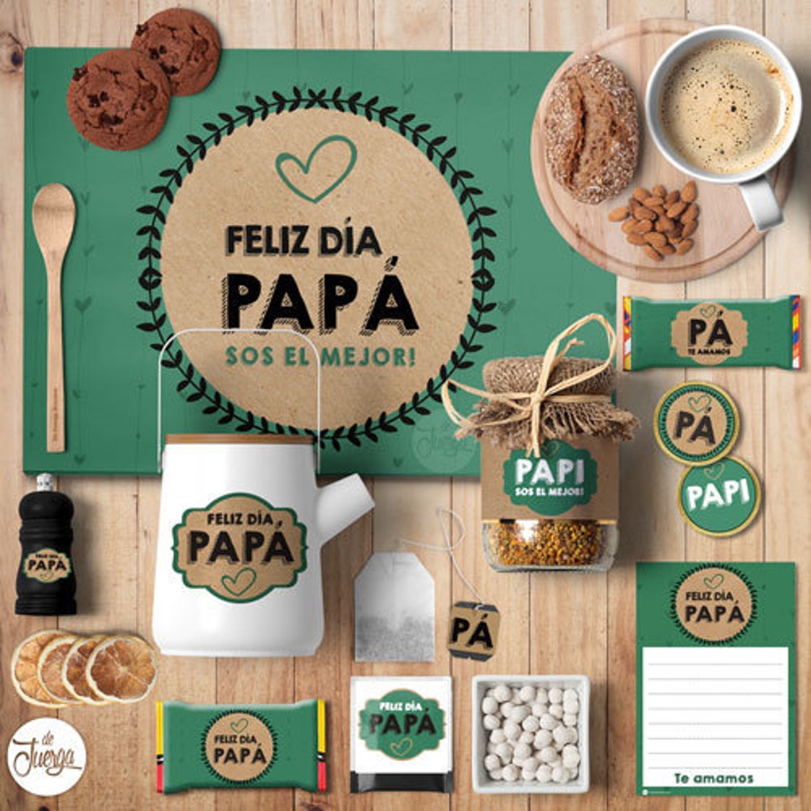 Father's Day Printable Kit Breakfast Dad Green and Wood - Etsy