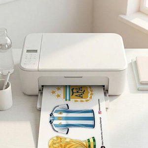 May include: A white inkjet printer outputting a sheet of paper featuring printed illustrations of the Argentina national football team crest, a blue and white striped jersey, and a gold world cup trophy with social media text on the side.