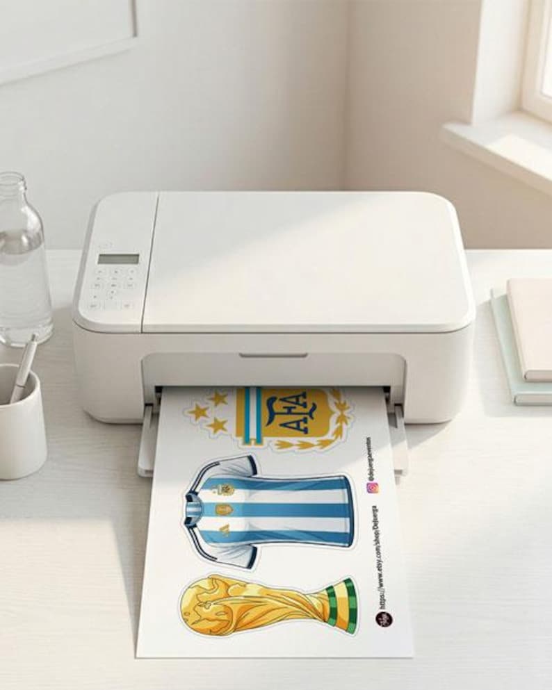 May include: A white inkjet printer outputting a sheet of paper featuring printed illustrations of the Argentina national football team crest, a blue and white striped jersey, and a gold world cup trophy with social media text on the side.